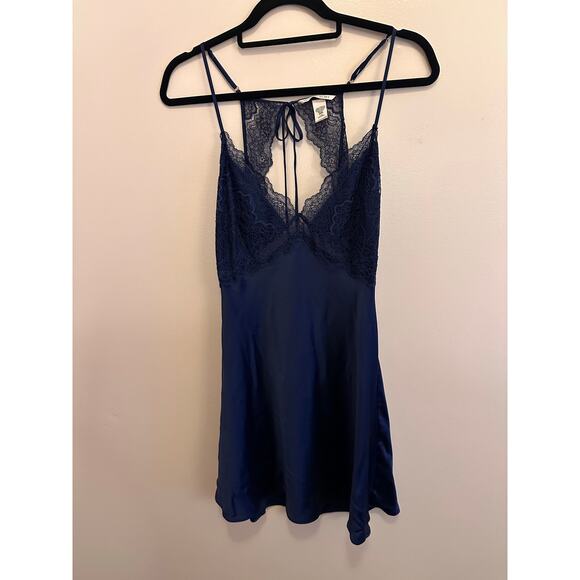 Victoria's Secret Navy Blue Satin Lace Slip Nightie Lingerie Nightgown Large - Picture 2 of 12
